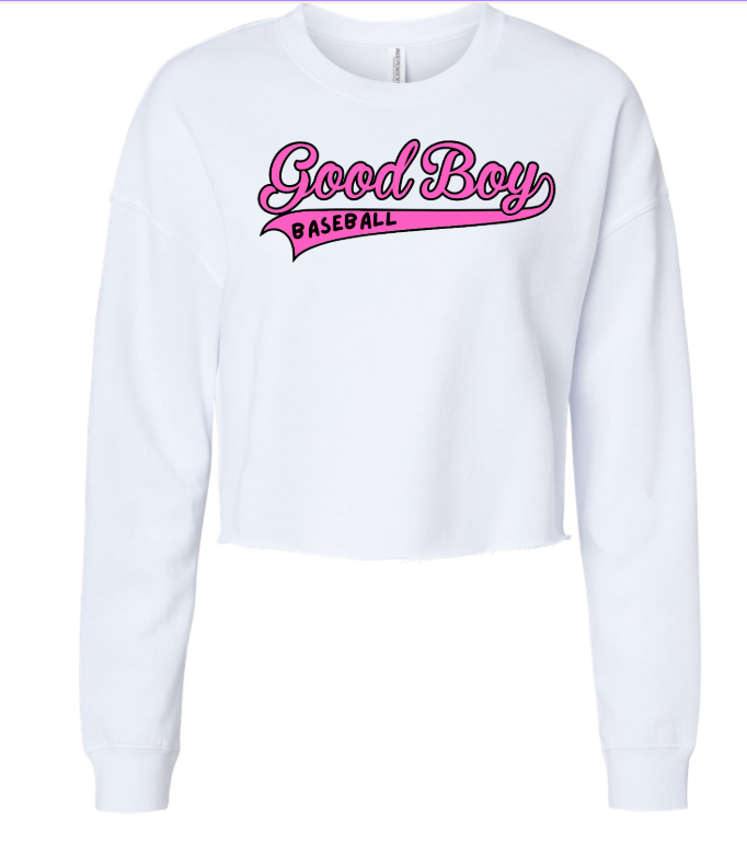 LARGE DESIGN 3: Women's Lightweight Crop GOOD BOY Crewneck Sweatshirt -WHITE