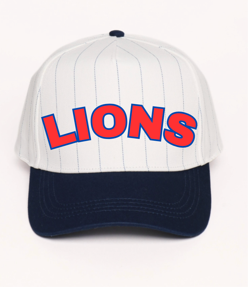 Mountain Lion Trucker LIONS Pinstripe Navy Hat. Red/Navy Outline