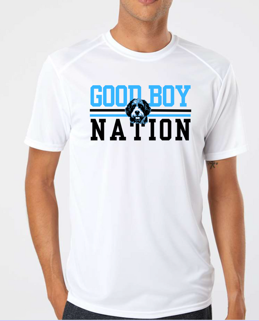 Good Boy Nation  Dry Fit White  Tee 200. (YOUTH/ADULT)