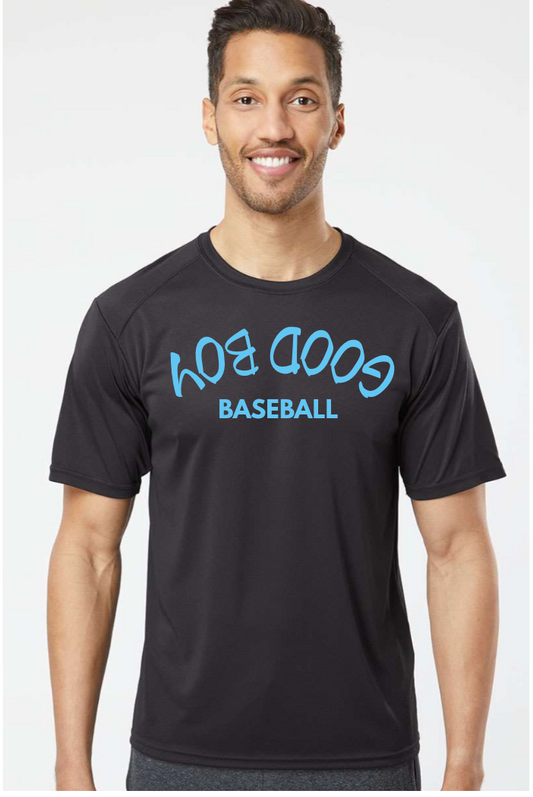 Good Boy Upside Down  Carolina Blue Dry Fit Tee 200. (YOUTH/ADULT) BLACK TEE