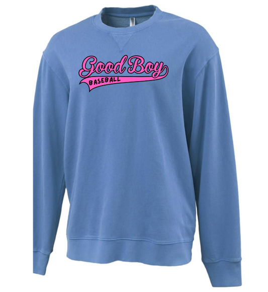 Good Boy Pigment Fleece Crew Vintage Blue with Pink Logo 8650