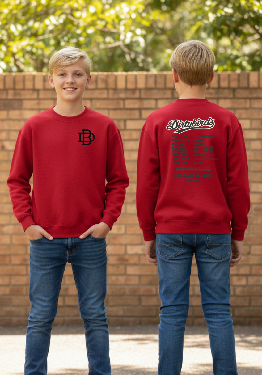 YOUTH/ADULT 2026 Schedule  Dirtybirds Crewneck Sweatshirt f18000B RED LEFT CHEST with BACK