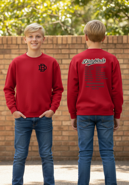 YOUTH/ADULT 2026 Schedule  Dirtybirds Crewneck Sweatshirt f18000B RED LEFT CHEST with BACK