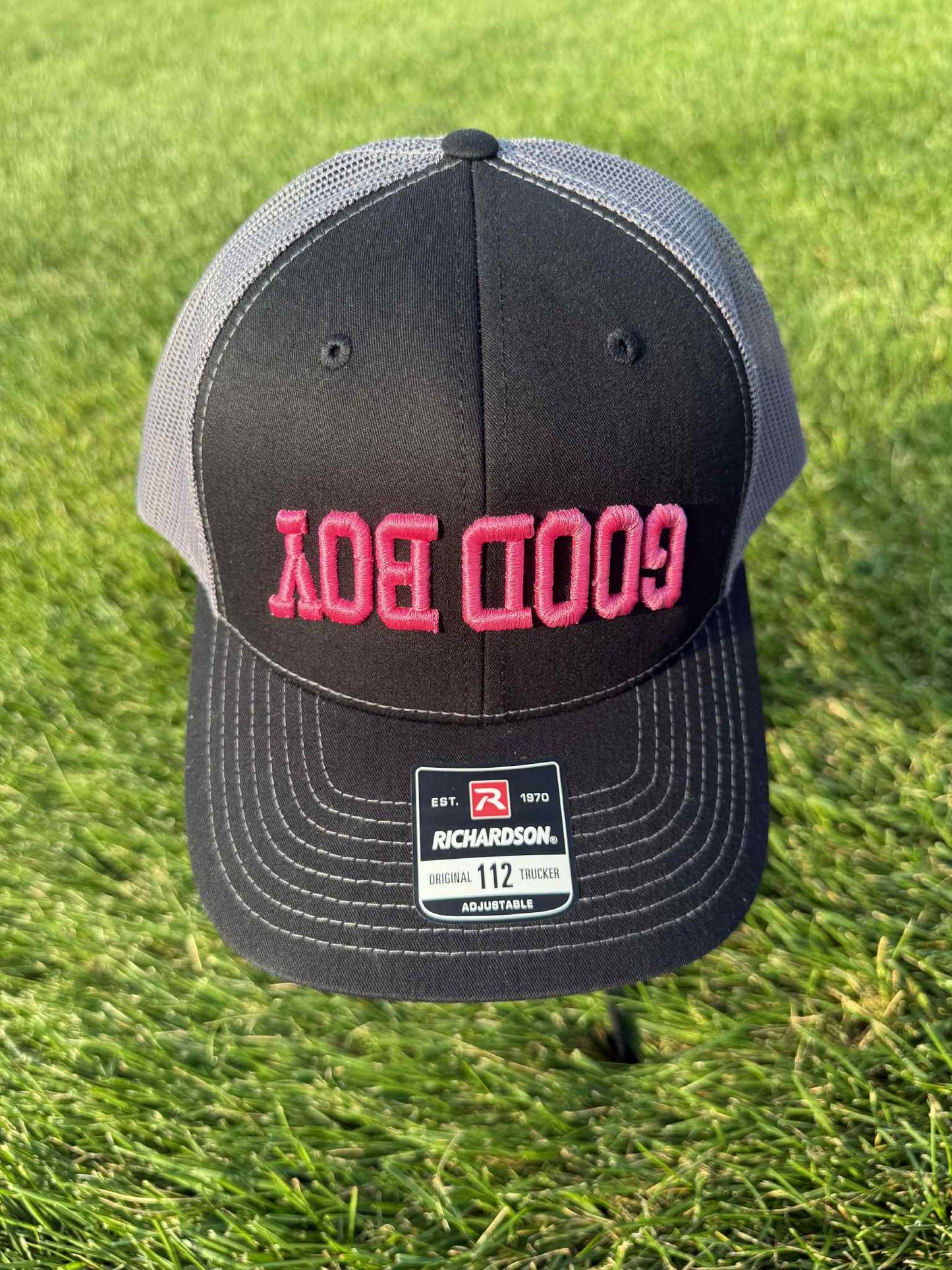 GOOD BOY  Richardson 112 Good Boy Upside Down Black hat with Charcoal and PINK THREAD