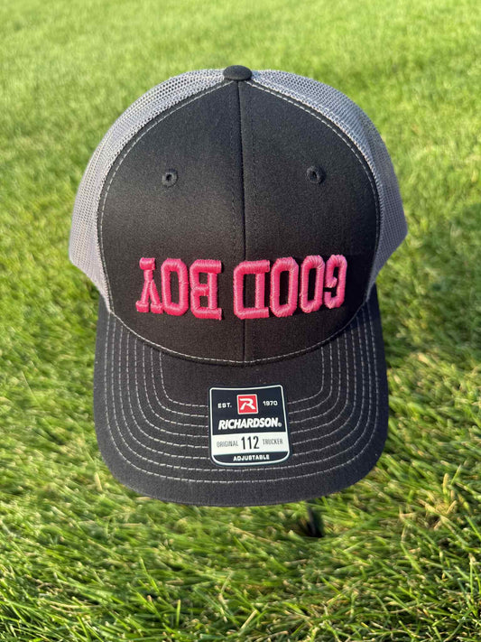 GOOD BOY  Richardson 112 Good Boy Upside Down Black hat with Charcoal and PINK THREAD